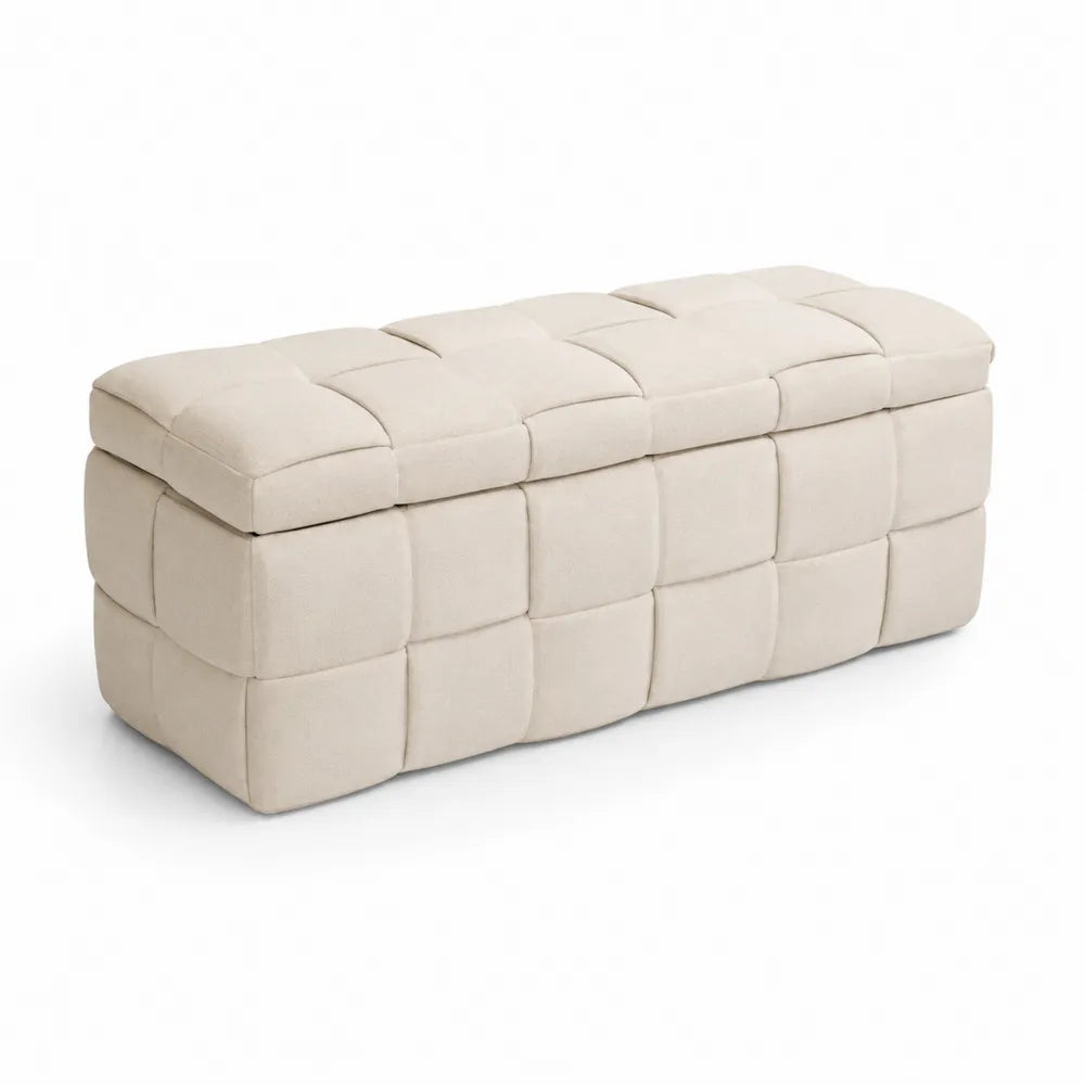 Banc de rangement en tissu beige avec capitonnage 120x45x45 cm