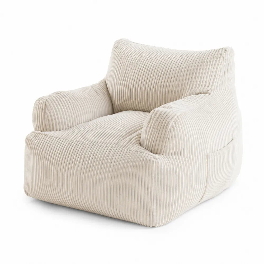 Fauteuil en Velours Côtelé Beige avec Poche, 90x85x75cm