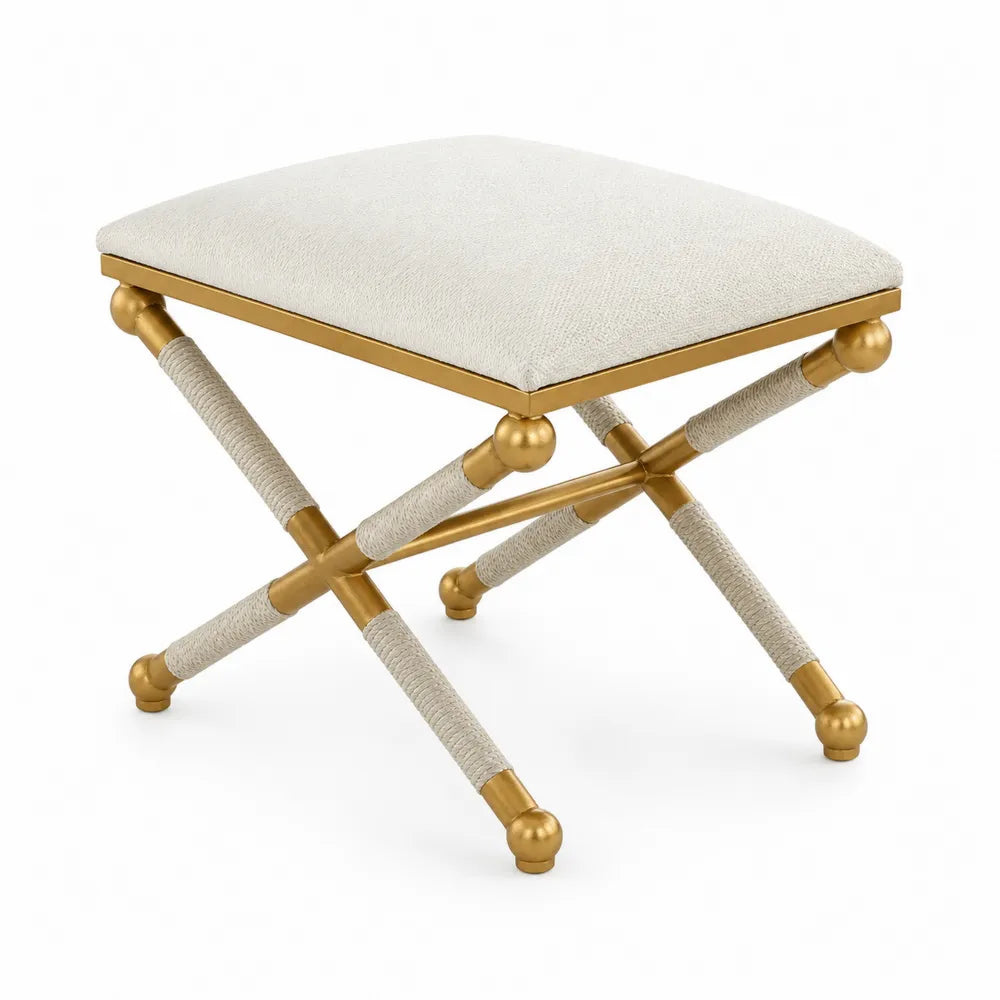 Tabouret en tissu polyester beige avec cadre en métal doré