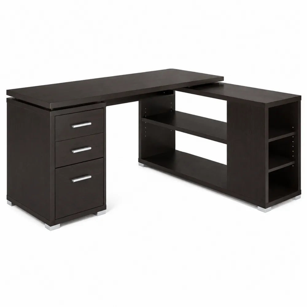 Bureau d'angle en bois brun avec tiroirs et étagères