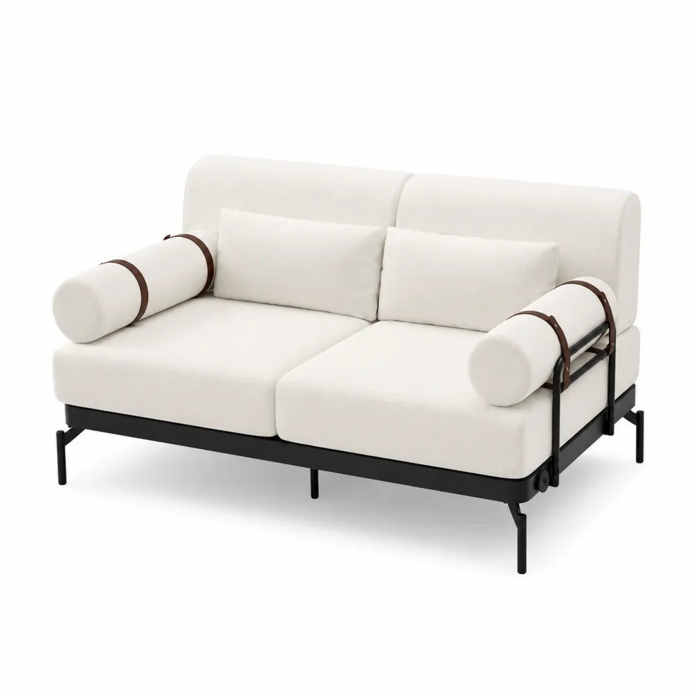 Canapé 2 Places en Tissu avec Cadre en Métal et Accoudoirs en Cuir Synthétique