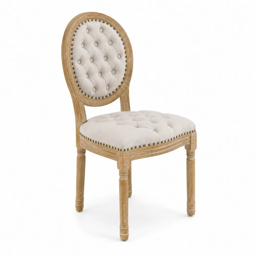 Chaise en bois avec tissu polyester beige et clous décoratifs