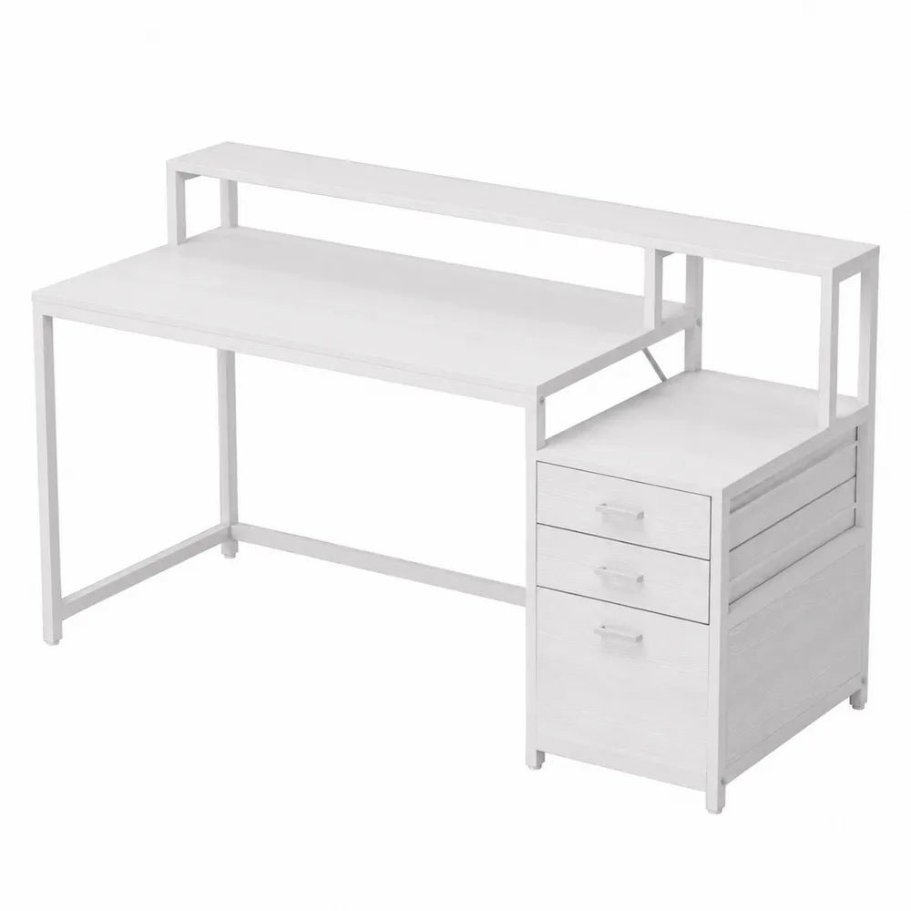 Bureau d'angle en métal et bois blanc avec étagère et tiroirs