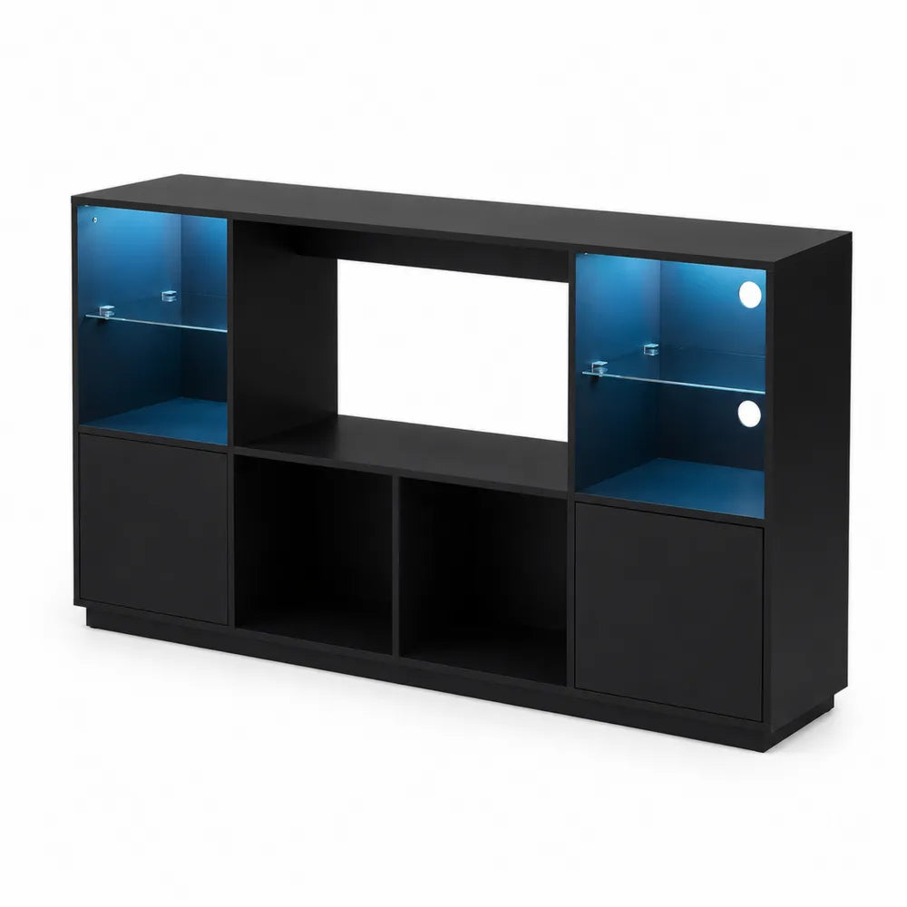 Meuble TV en bois et verre trempé avec LED noir et bleu