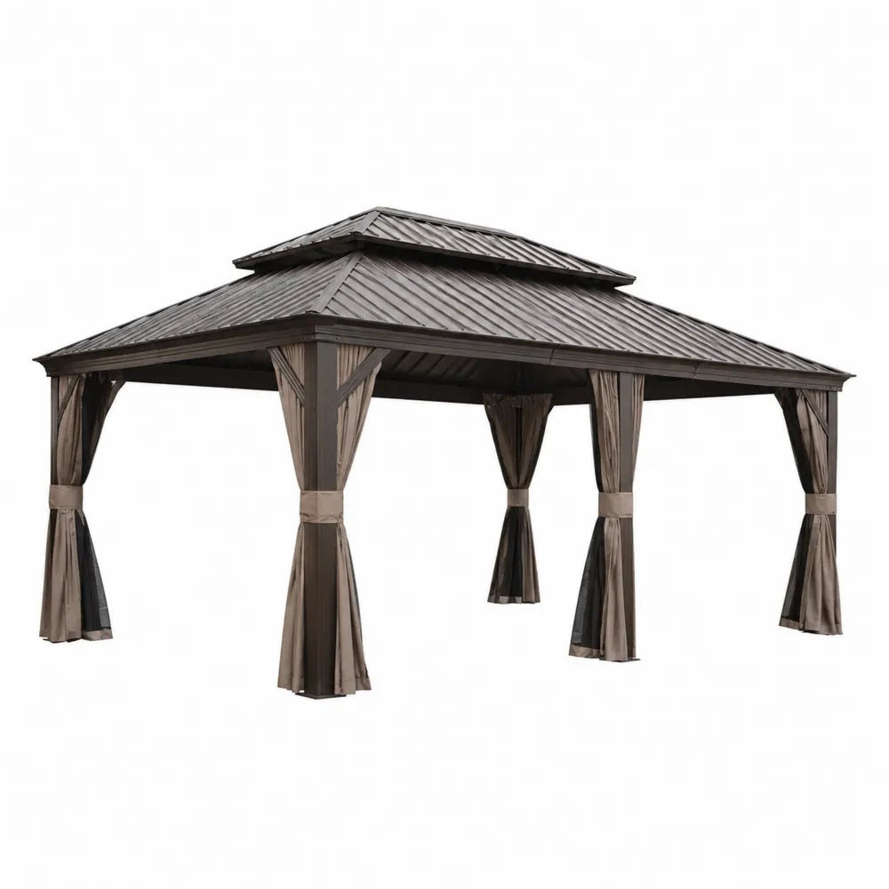 Pavillon de jardin en aluminium avec toit en acier et rideaux en polyester 4x3 m