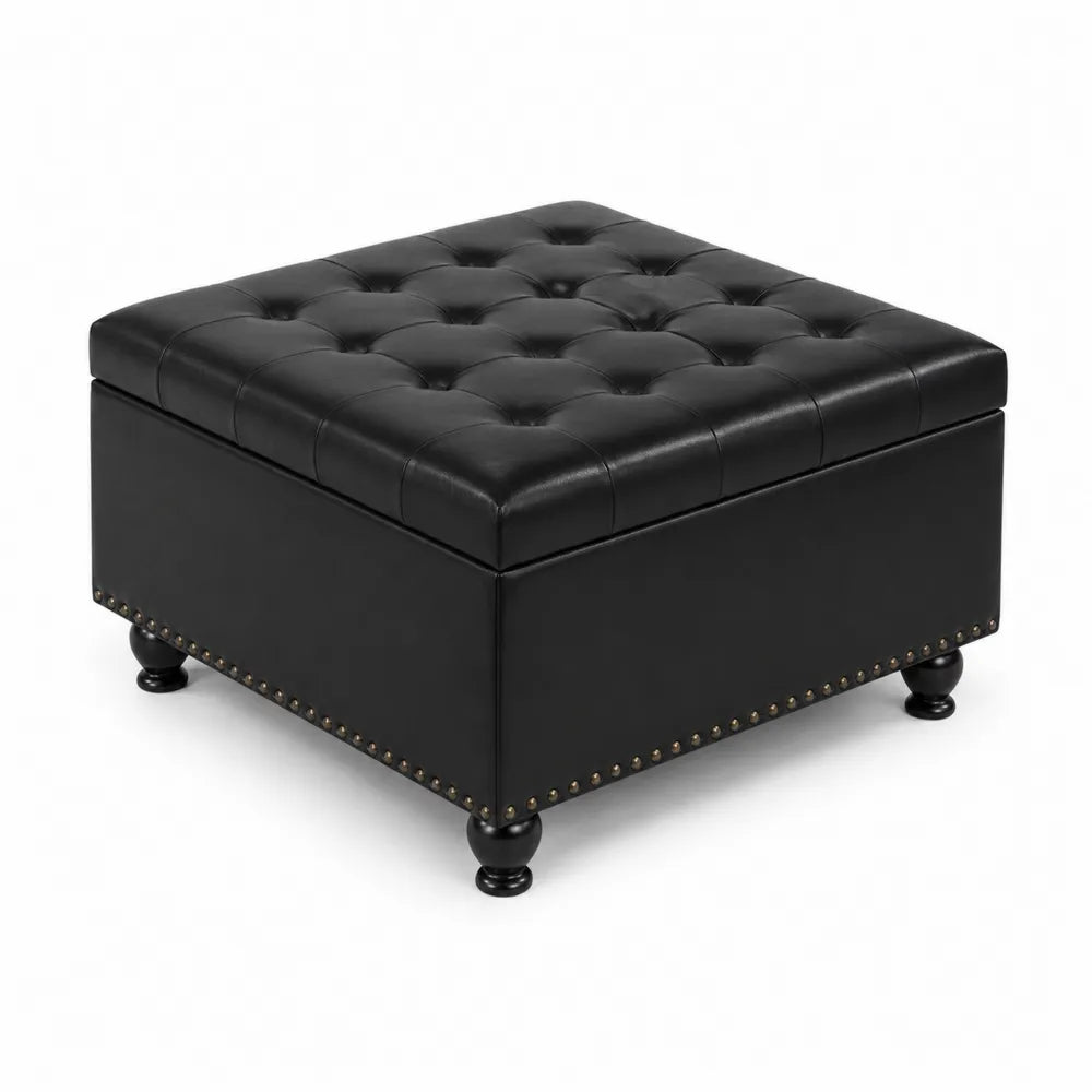 Pouf de rangement en cuir noir avec pieds en bois