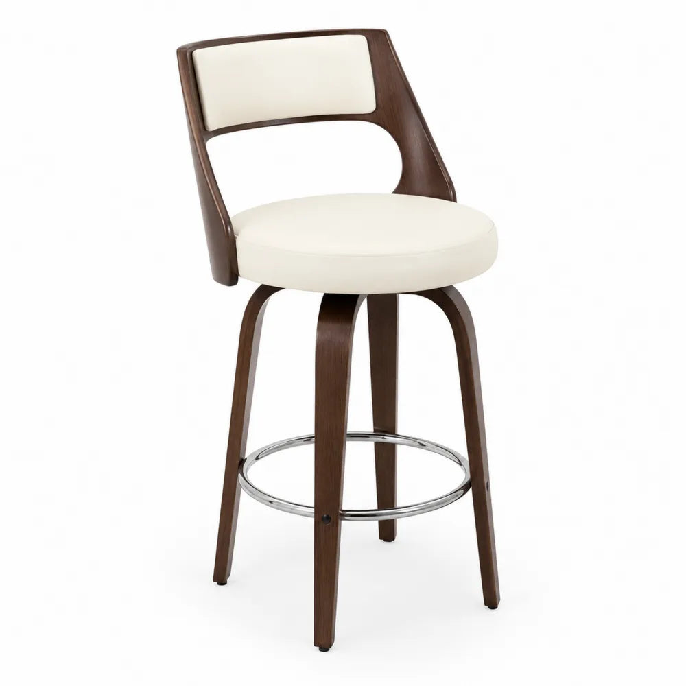 Chaise de bar en bois avec revêtement en polyuréthane et repose-pied en acier chromé, Crème