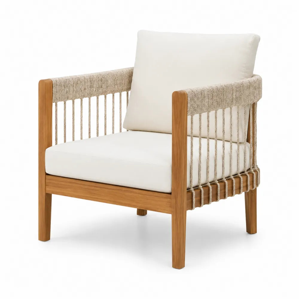Fauteuil en bois de teck et corde avec coussins Écru