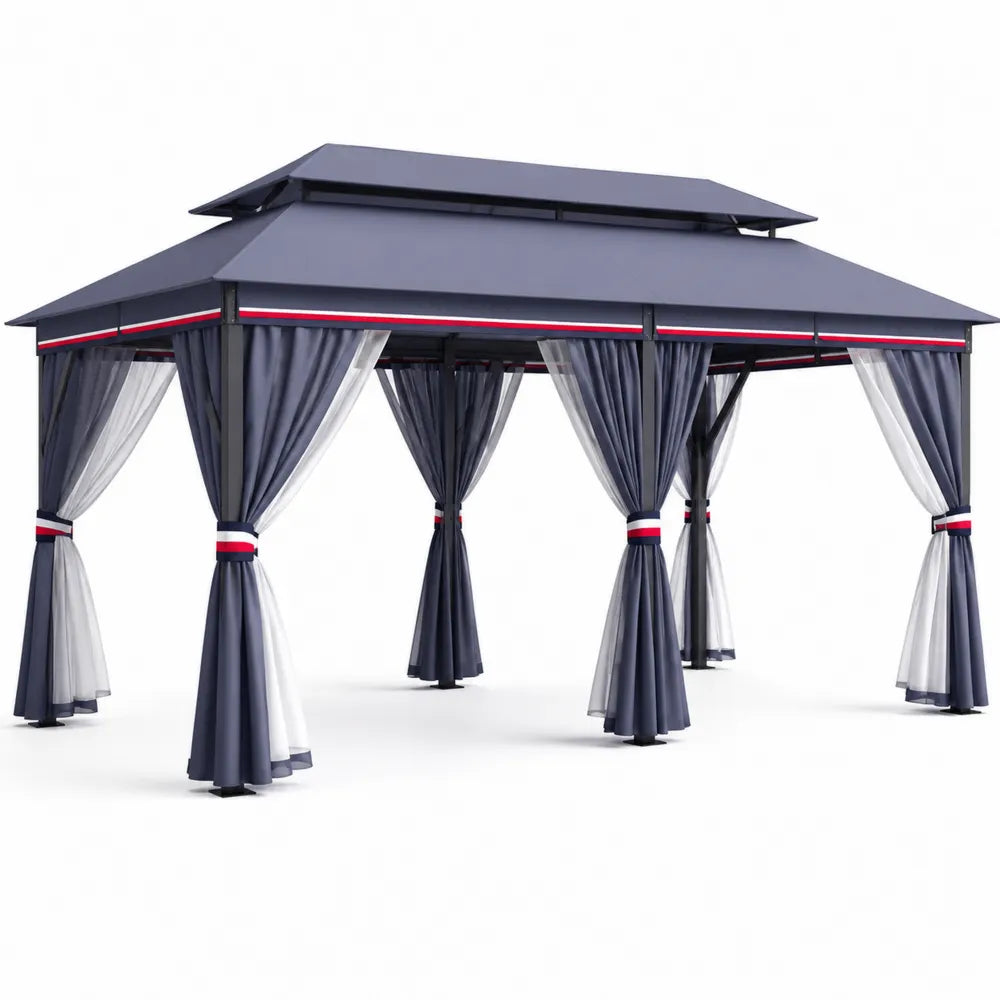 Gazebo rectangulaire en aluminium avec toit à deux niveaux et rideaux Polyester