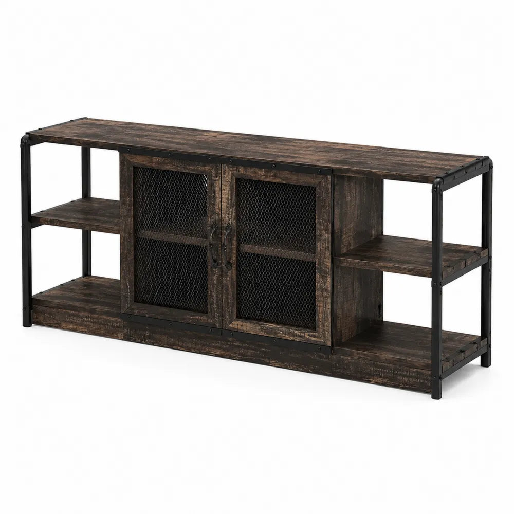 Meuble TV industriel en bois et métal avec étagères grillagées 120x40x50 cm