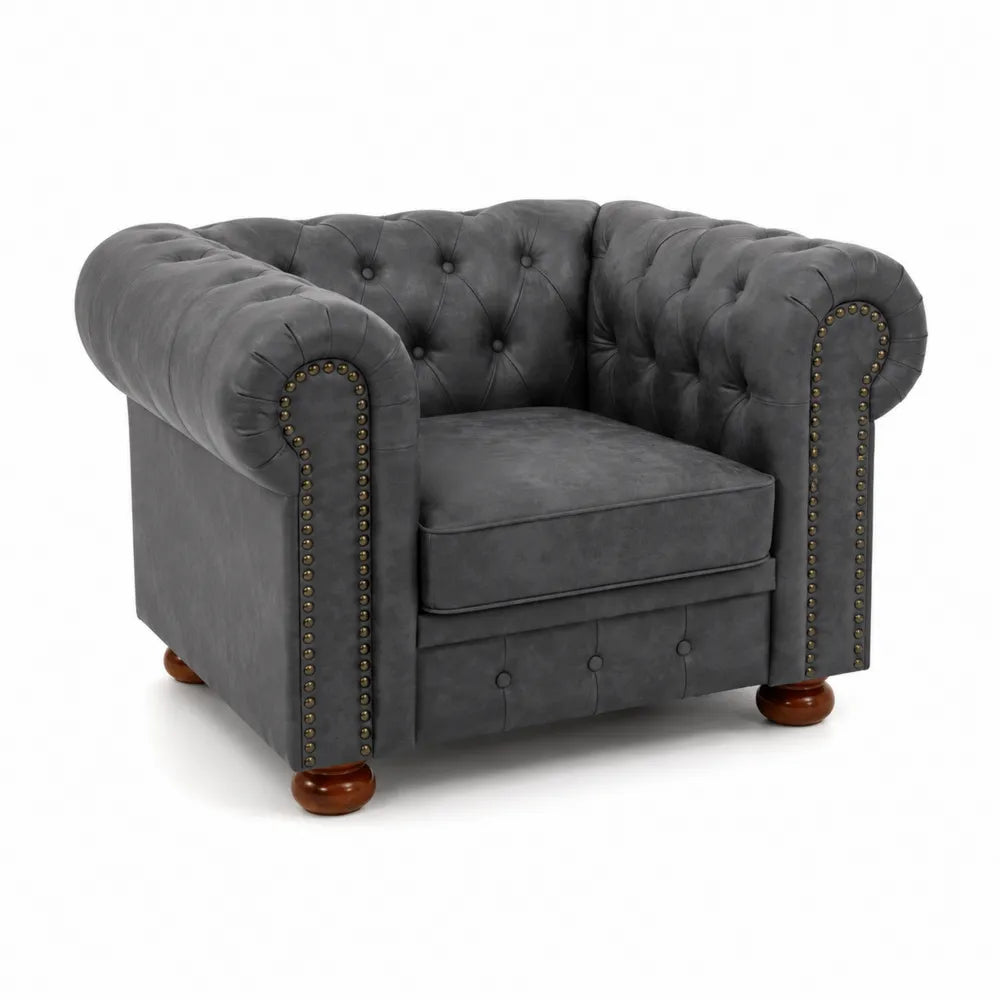 Fauteuil Chesterfield en Similicuir Gris avec Pieds en Bois