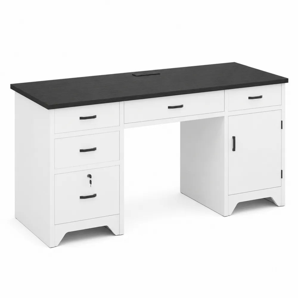 Bureau en MDF avec tiroirs et porte Blanc/Noir 150x60x75 cm